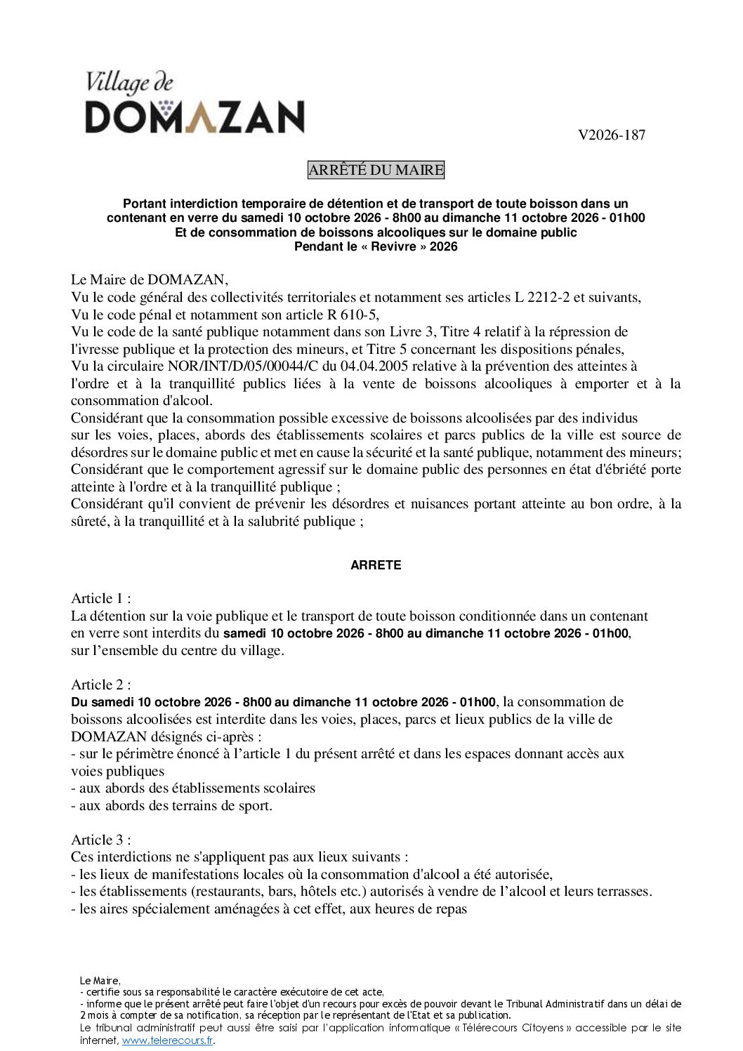 Aperçu du fichier Arrêté V2026-187 – Portant règlementation pour la manifestation du Revivre 2026 – boissons 