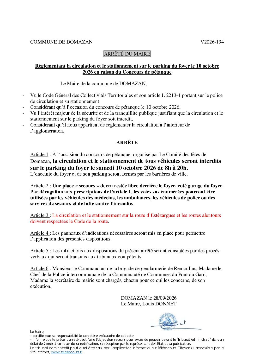 Aperçu du fichier Arrêté V2026-194 – Parking foyer 10 octobre 2026 Concours pétanque 