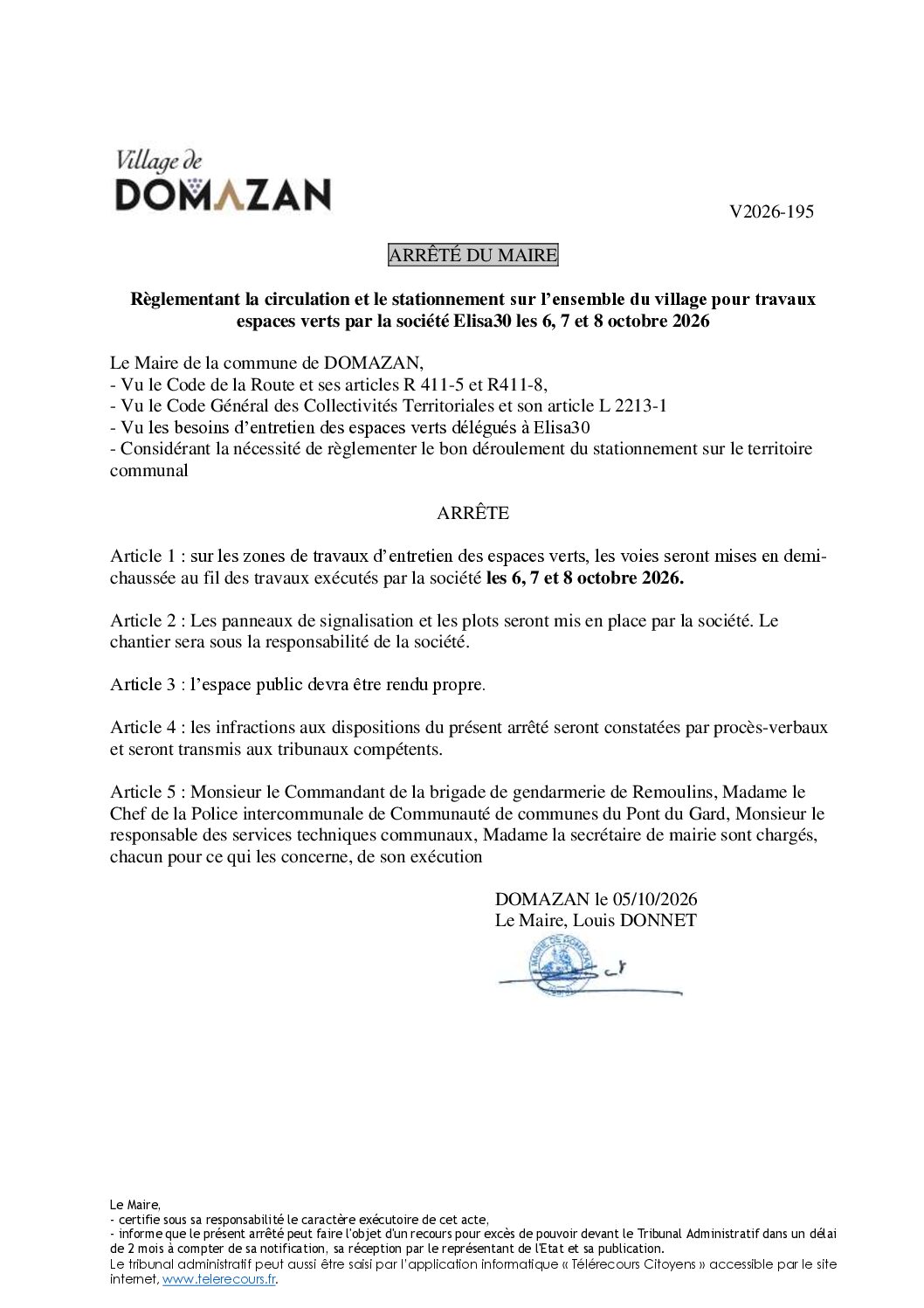 Aperçu du fichier Arrêté V2026-195 – Ensemble du village pour travaux espaces verts par la société Elisa30 les 6, 7 et 8 octobre 2026 